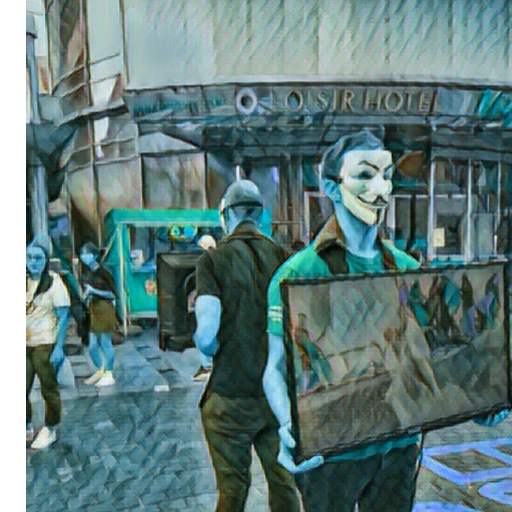 Two masked male activists display computer screens in front of the Loisir Hotel in downtown Seoul as two female passers-by glance in their direction.